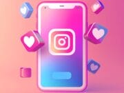 A smartphone displays the Instagram logo, surrounded by 3D heart icons on a pink and blue gradient background.