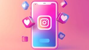 A smartphone displays the Instagram logo, surrounded by 3D heart icons on a pink and blue gradient background.