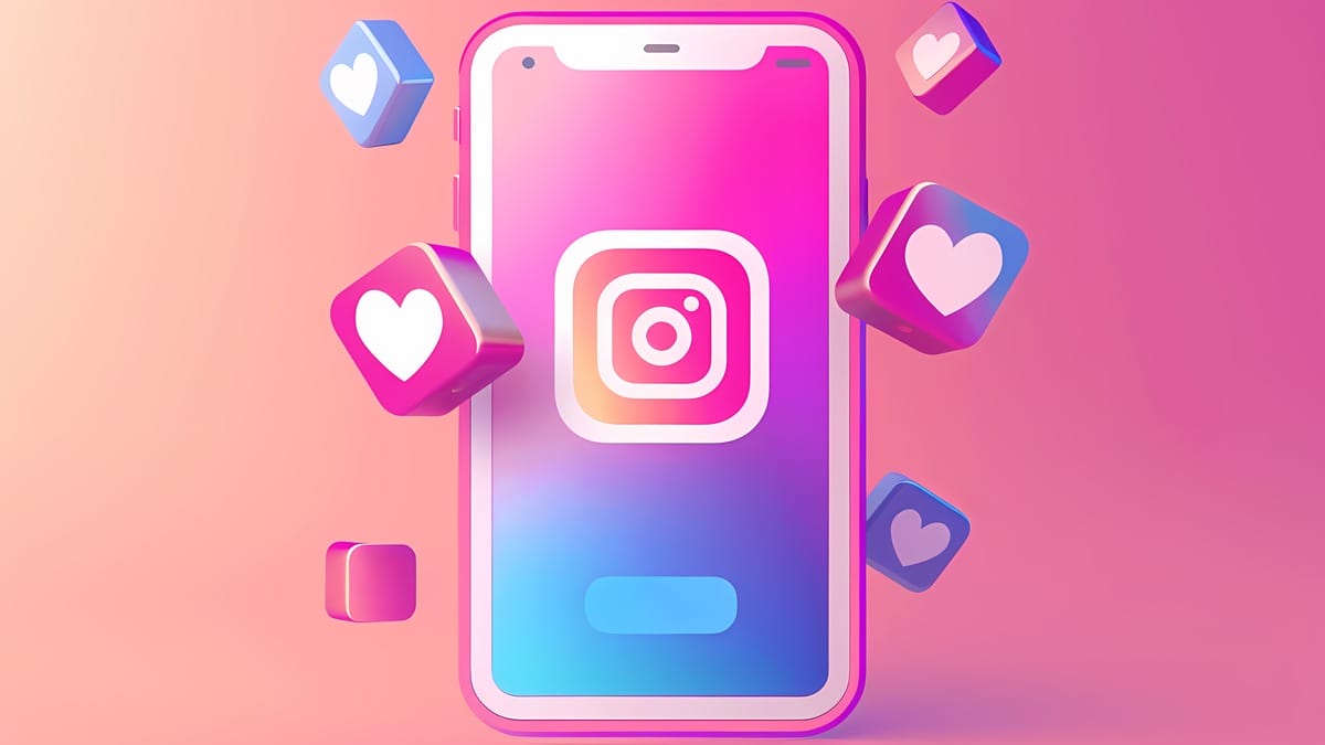 A smartphone displays the Instagram logo, surrounded by 3D heart icons on a pink and blue gradient background.