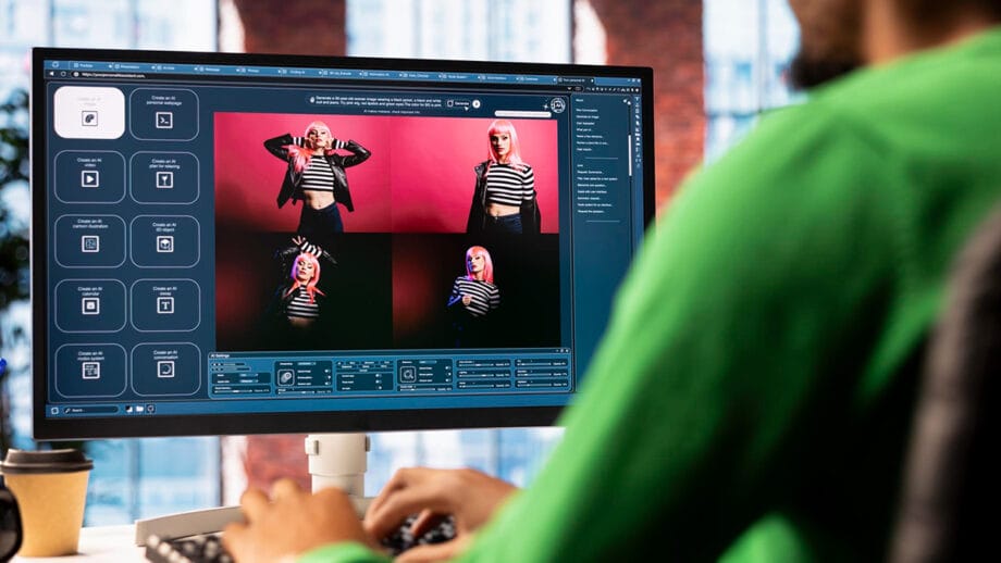 Person editing four photos of a woman in a striped shirt and sunglasses on a computer monitor using photo editing software.