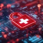 A digital padlock with a white medical cross symbol sits on a circuit board, representing cybersecurity in healthcare technology.