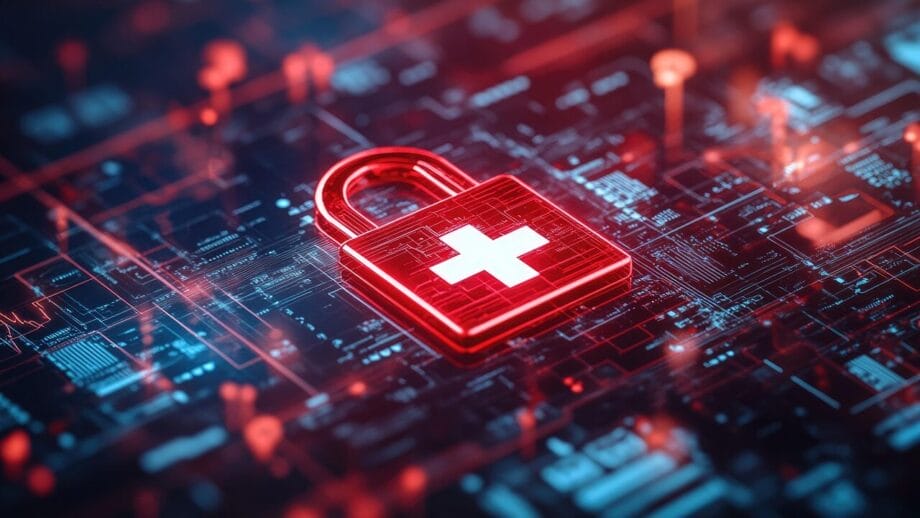 A digital padlock with a white medical cross symbol sits on a circuit board, representing cybersecurity in healthcare technology.