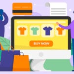 Two people stand by a large computer screen displaying shirts and a Buy Now button, with shopping bags, a credit card, and a receipt nearby.