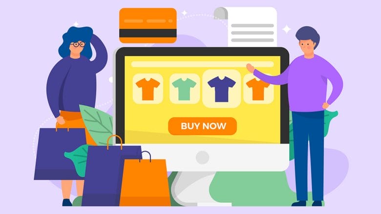Two people stand by a large computer screen displaying shirts and a Buy Now button, with shopping bags, a credit card, and a receipt nearby.