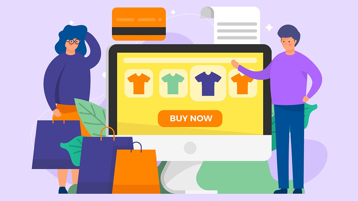 Two people stand by a large computer screen displaying shirts and a Buy Now button, with shopping bags, a credit card, and a receipt nearby.