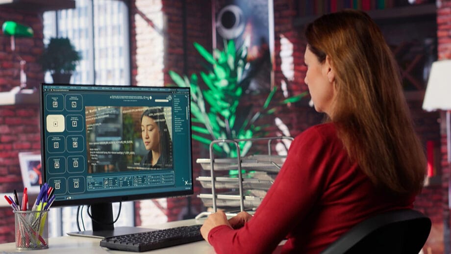 Woman in red shirt works at a computer in a modern office, editing a video interview on her monitor.