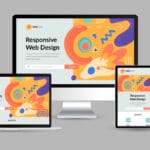 A colorful responsive web design is displayed on a desktop, laptop, tablet, and smartphone against a gray background.