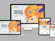 A colorful responsive web design is displayed on a desktop, laptop, tablet, and smartphone against a gray background.