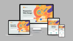 A colorful responsive web design is displayed on a desktop, laptop, tablet, and smartphone against a gray background.
