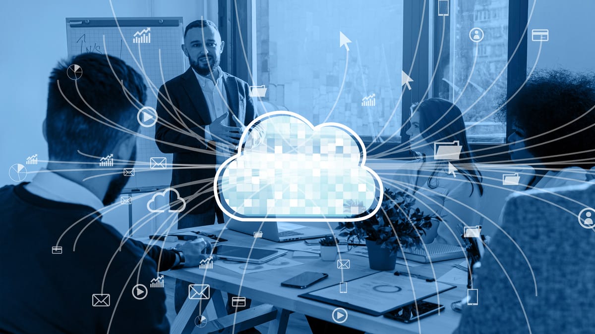 A business meeting with a digital cloud icon overlay, symbolizing cloud computing and data sharing among team members.