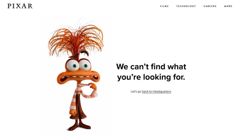 A cartoon character with orange hair stands next to a message stating, We cant find what youre looking for on a Pixar webpage.