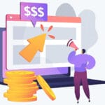 Illustration of a person with a megaphone beside a laptop, large cursor, coin stacks, and a dollar sign symbolizing online earning.
