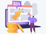 Illustration of a person with a megaphone beside a laptop, large cursor, coin stacks, and a dollar sign symbolizing online earning.