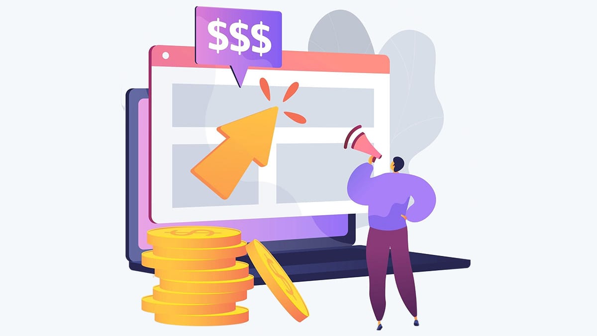 Illustration of a person with a megaphone beside a laptop, large cursor, coin stacks, and a dollar sign symbolizing online earning.