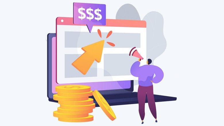 Illustration of a person with a megaphone beside a laptop, large cursor, coin stacks, and a dollar sign symbolizing online earning.