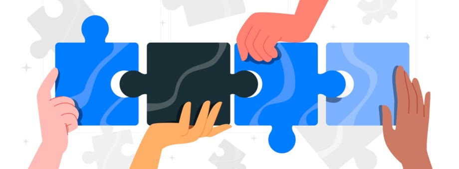 Four hands hold and connect four puzzle pieces together, providing final thoughts about KYB compliance software.