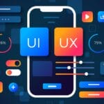 Illustration of a smartphone representing mobile app testing strategies with UI and UX icons, sliders, buttons, progress circles, and interface elements on a dark background.