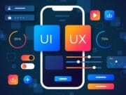 Illustration of a smartphone representing mobile app testing strategies with UI and UX icons, sliders, buttons, progress circles, and interface elements on a dark background.