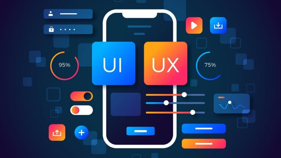 Illustration of a smartphone representing mobile app testing strategies with UI and UX icons, sliders, buttons, progress circles, and interface elements on a dark background.