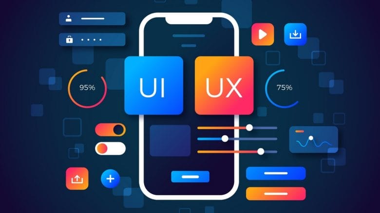 Illustration of a smartphone representing mobile app testing strategies with UI and UX icons, sliders, buttons, progress circles, and interface elements on a dark background.