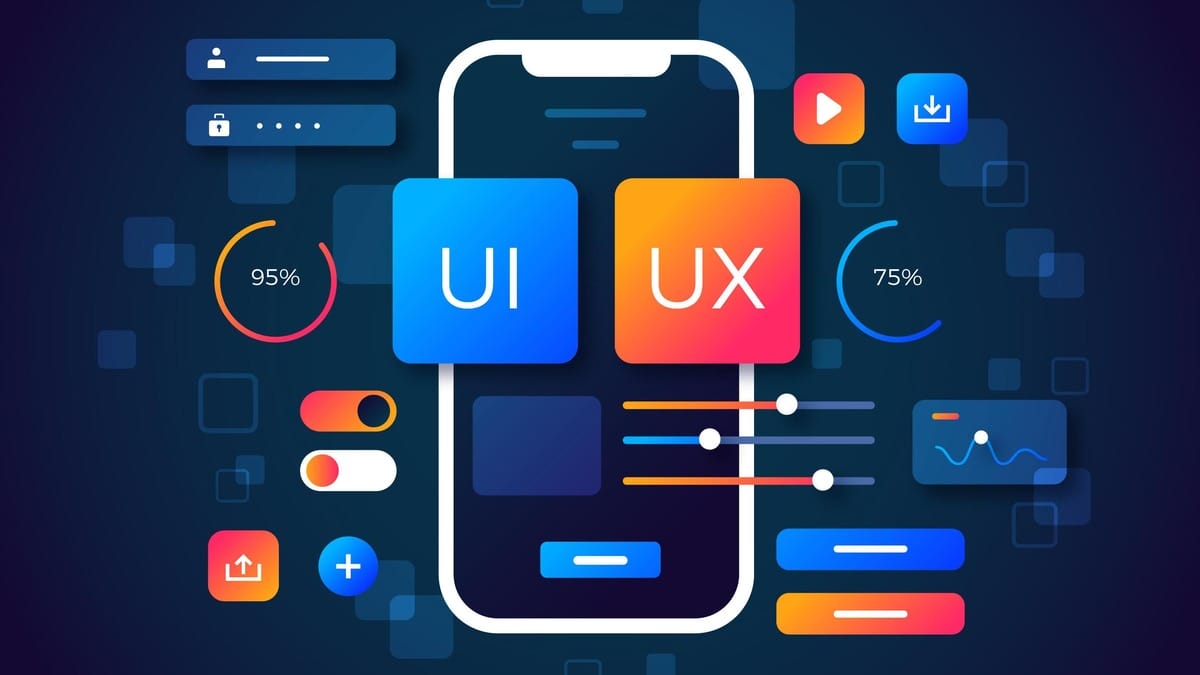 Illustration of a smartphone representing mobile app testing strategies with UI and UX icons, sliders, buttons, progress circles, and interface elements on a dark background.