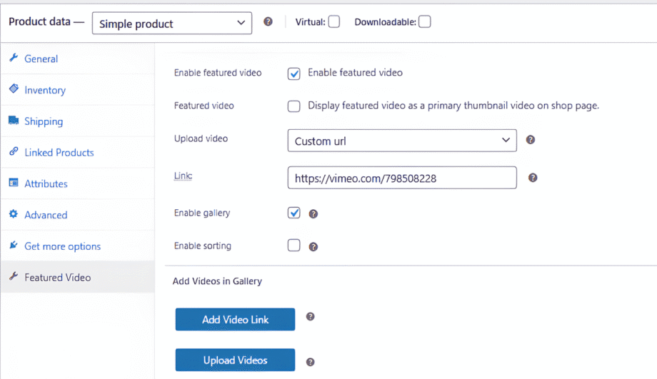 Screenshot of a product settings page showing options to enable a featured video and add a video link via a custom URL.