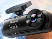 A Sarmert C3 4K 3 Channel Dash Cam with a lens and GPS feature is shown against a background split between snowy mountains and a desert.