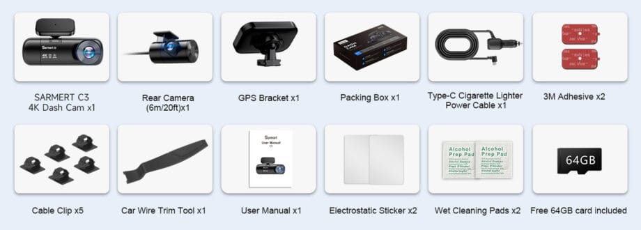 Contents of the Sarmert C3 4K 3 Channel Dash Cam kit, including cameras, cables, mounting tools, cleaning pads, and a 64GB microSD card.