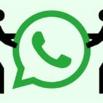 Two stick figures hold up a large WhatsApp logo between them against a light green background.