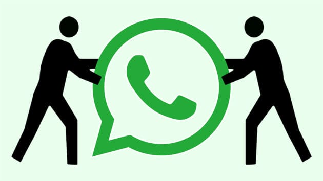 Two stick figures hold up a large WhatsApp logo between them against a light green background.