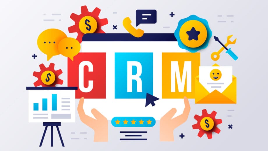 Illustration of CRM concept with icons for communication, analytics, customer support, and sales, centered around large CRM letters.