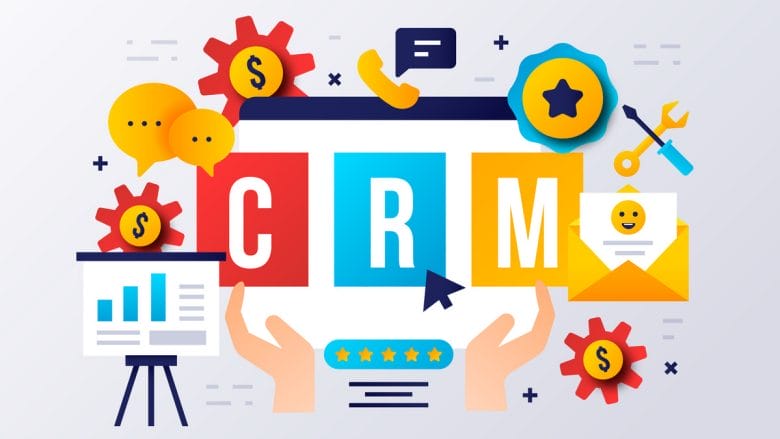 Illustration of CRM concept with icons for communication, analytics, customer support, and sales, centered around large CRM letters.