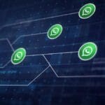 Digital network background with multiple WhatsApp logos connected by white lines, symbolizing communication and connectivity.