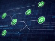 Digital network background with multiple WhatsApp logos connected by white lines, symbolizing communication and connectivity.