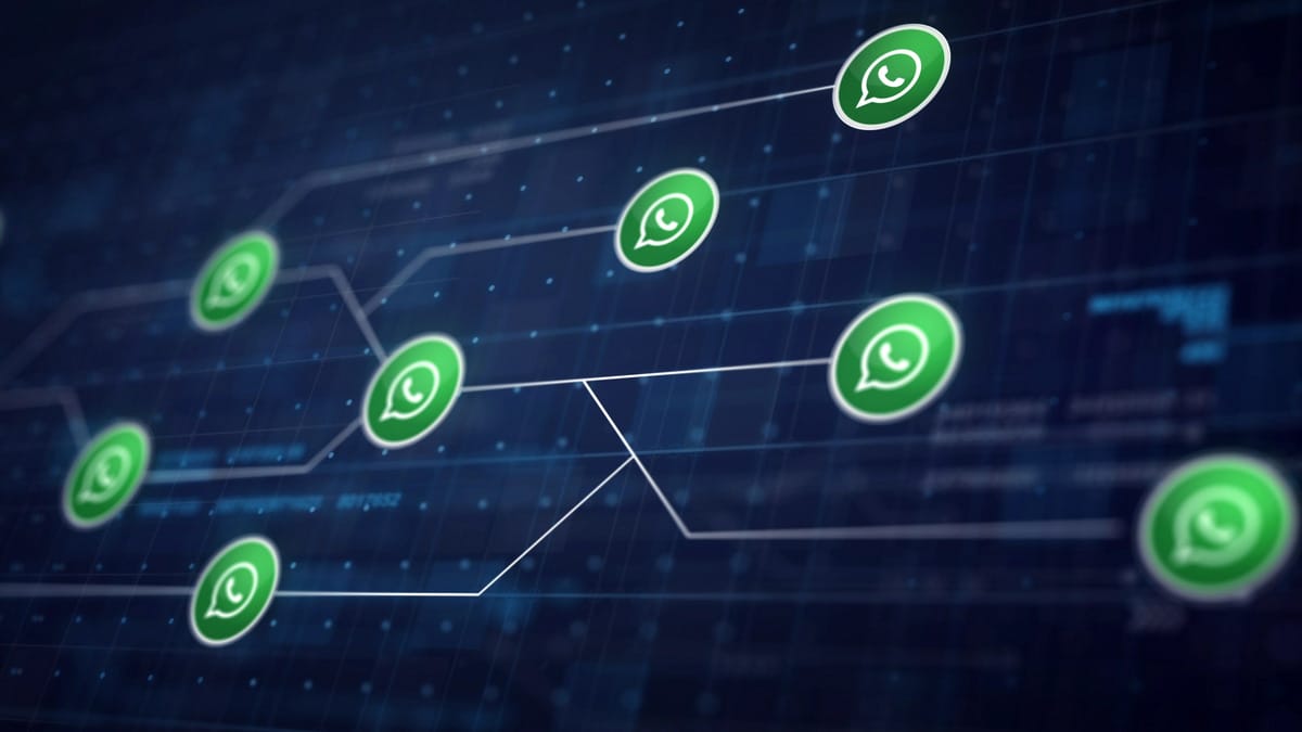 Digital network background with multiple WhatsApp logos connected by white lines, symbolizing communication and connectivity.