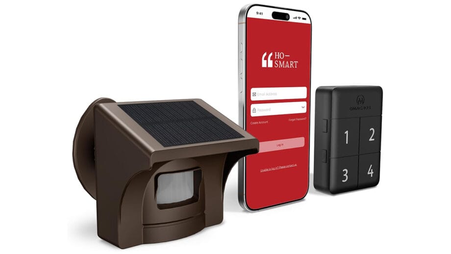 eMACROS Pro 4 HS006W Solar-powered motion sensor, smartphone displaying a security app, and a black keypad with four numbered buttons.