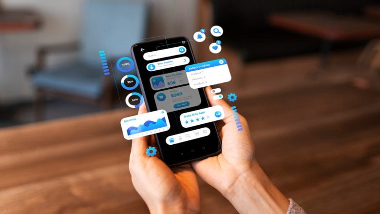 Person holding a smartphone with various digital financial and data analysis graphics displayed as floating overlays.