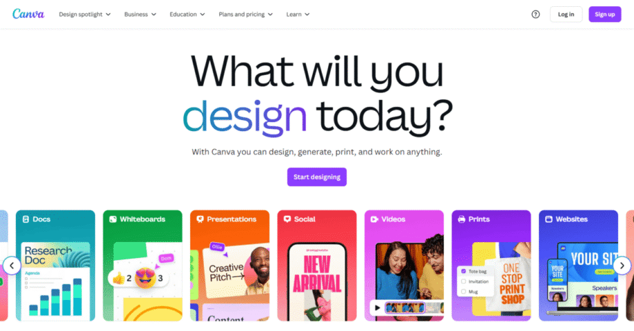 Screenshot of Canva homepage with the headline What will you design today? and various design categories such as Docs, Presentations, and Videos displayed.