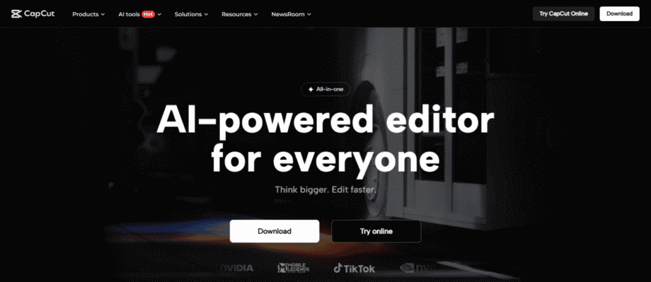 Screenshot of CapCut’s homepage highlighting an AI-powered editor with options to download or try online.