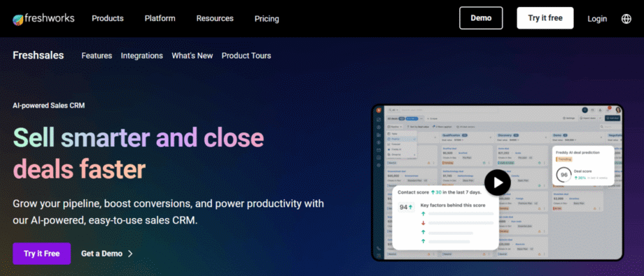 Freshworks Freshsales homepage highlighting “Sell smarter and close deals faster” with a demo video and options to try or demo the CRM software.