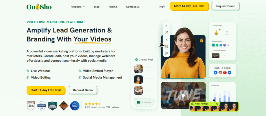 Screenshot of GUDSHO homepage highlights video creation tools, featuring a smiling woman, demo screenshots, and options for a free trial or demo.