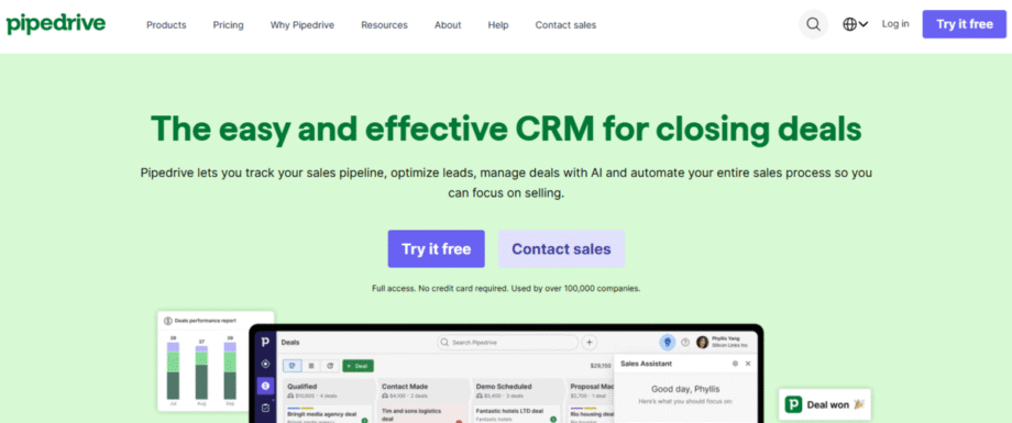 Pipedrive homepage highlighting its CRM software for sales, offering options to try it free or contact sales, with dashboard screenshot.