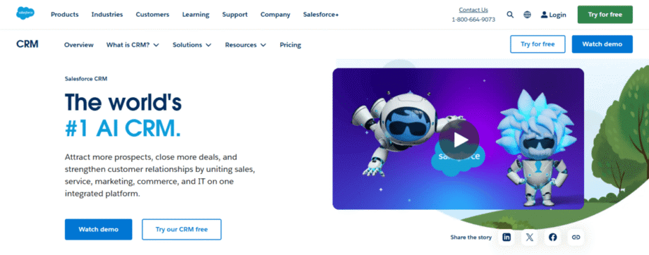 Salesforce CRM homepage featuring headline text about AI CRM and two robot mascots next to a video preview.