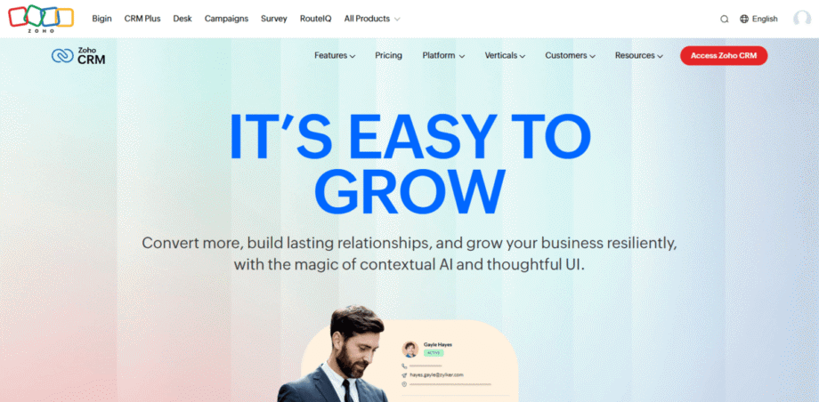 Zoho CRM homepage with the tagline It’s easy to grow and a description about AI-driven business growth and customer relationships.