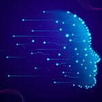 Digital illustration of a human head profile formed by glowing blue dots and lines on a dark background, symbolizing artificial intelligence.
