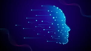 Digital illustration of a human head profile formed by glowing blue dots and lines on a dark background, symbolizing artificial intelligence.