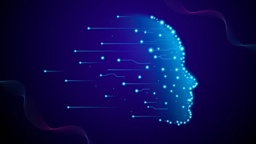 Digital illustration of a human head profile formed by glowing blue dots and lines on a dark background, symbolizing artificial intelligence.