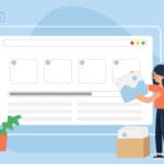 Illustration of a woman uploading images to a website interface, with a plant and a box of photos nearby.