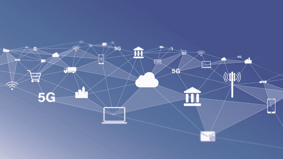 Abstract network with 5G symbols, cloud, laptop, and other tech icons connected by lines on a blue gradient background.