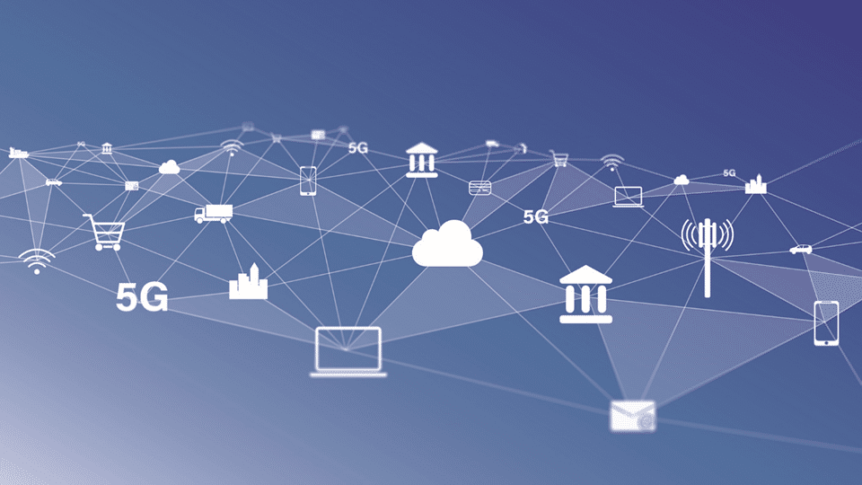 Abstract network with 5G symbols, cloud, laptop, and other tech icons connected by lines on a blue gradient background.